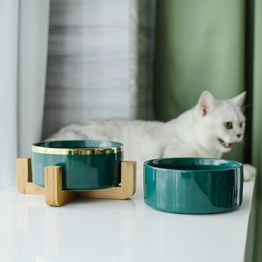 Ceramic Food/Water Bowl with Bamboo Stand